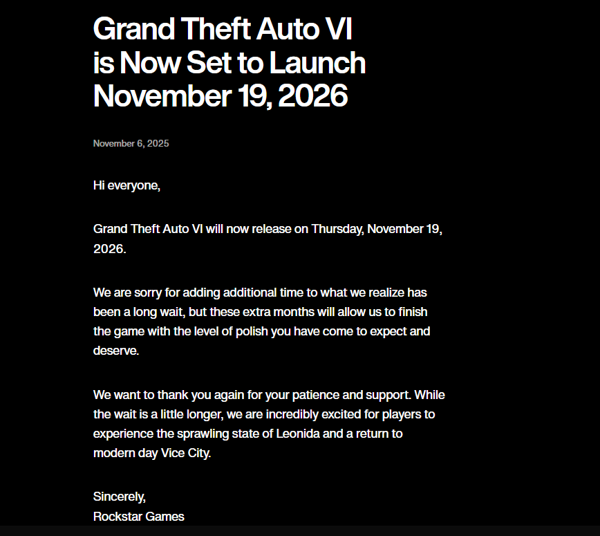 Grand Theft Auto VI to Launch November 19 2026